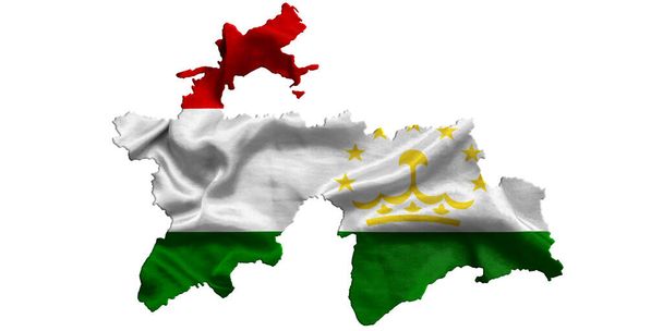 タンジキスタンの織物旗を振ってカントリーマップを埋めます。白の隔離された背景、 3Dイラスト. - 写真・画像