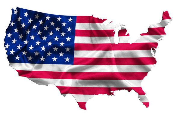Acenando bandeira têxtil dos EUA enche mapa do país (parte continental). Branco isolado fundo, ilustração 3d - Foto, Imagem