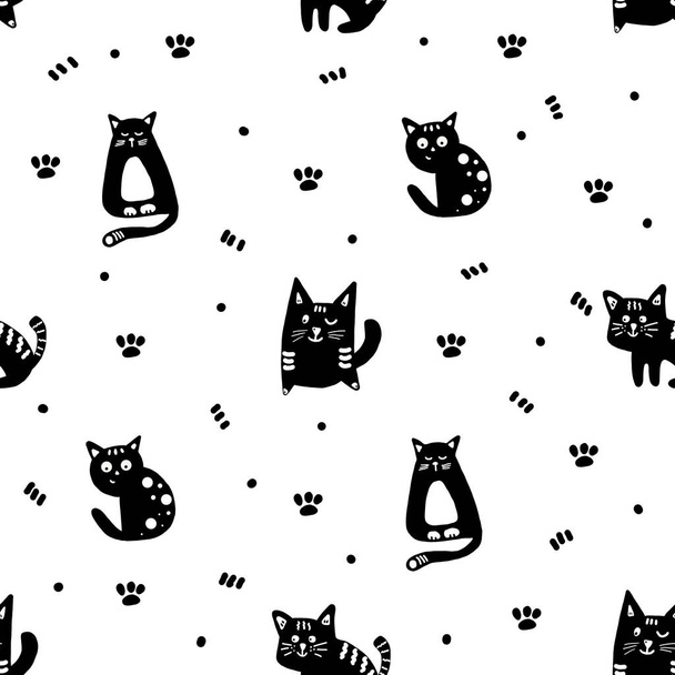 Black cute cats on a white background. Seamless pattern. - 写真・画像