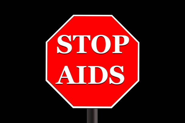 Die Aufschrift "STOP AIDS" auf einem Verkehrsschild. Illustration auf schwarzem Hintergrund. Der 1. Dezember ist der Tag gegen AIDS. - Foto, Bild