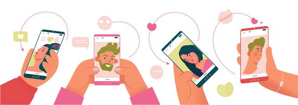 Ruce držící smartphony s muži a ženami profily v randění webové aplikace. Mladí lidé hledají pár na webových stránkách setkání. Barevné kreslené vektorové ilustrace pro designové šablony. Plochý design - Vektor, obrázek