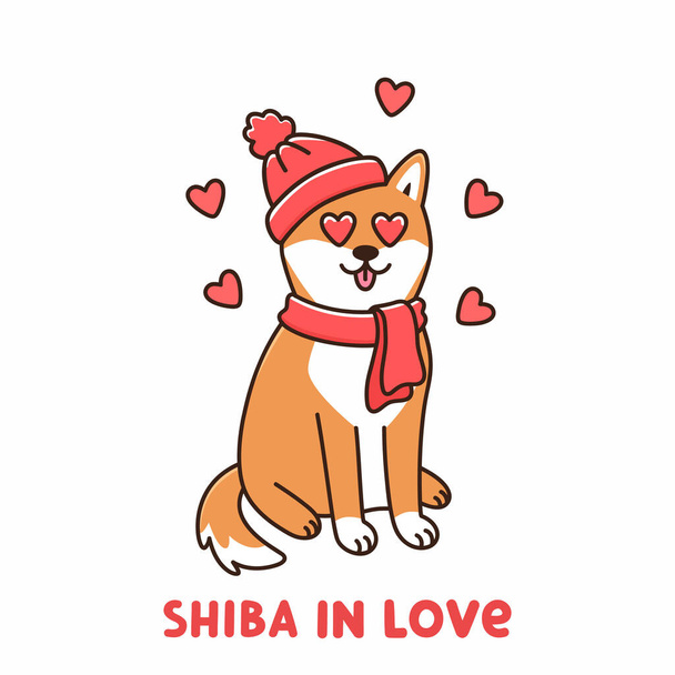 Aranyos kutya japán fajta Shiba Inu piros kalap és sál, szerelmes szív a szemekben, elszigetelt fehér háttérrel. Rajzfilm vektor illusztráció. Használható matrica, tapasz, telefon tok, poszter, póló, bögre és egyéb design. - Vektor, kép