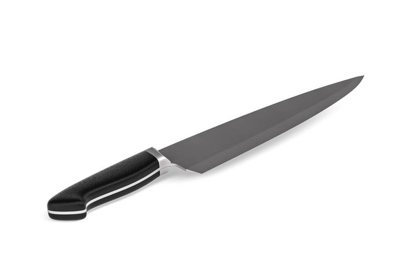 Stainless steel chef's knife with black plastic handle on white background - 3D render - Photo, Image