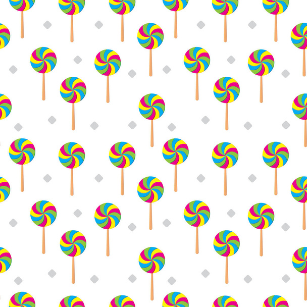 Lollipop remolino patrón sin costuras sobre fondo de color blanco. Ilustración vectorial colorida. Plantilla de diseño Adecuado para cumpleaños, halloween, Navidad o evento de año nuevo - Vector, Imagen