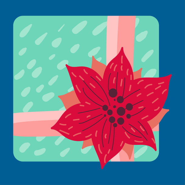 Χριστούγεννα παρόν σε χαρτί περιτυλίγματος επίπεδη διανυσματική απεικόνιση. Γιορτή κουτί δώρου με Poinsettia ή χριστουγεννιάτικο λουλούδι αστέρι - Διάνυσμα, εικόνα