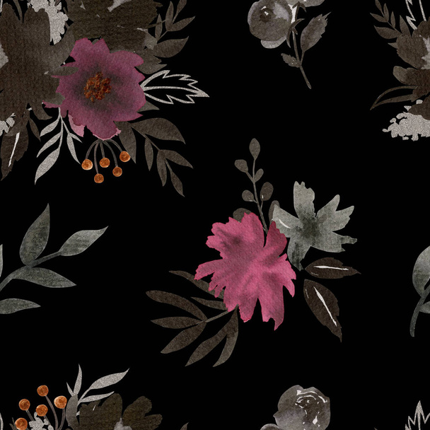 Floral seamless pattern. Hand painted botanical surface design pattern. Freehand flowers on dark background seamless pattern. - Foto, Imagen