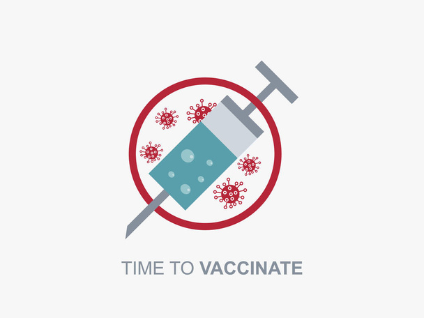 Impfung gegen Coronavirus. Spritze mit grüner Flüssigkeit kreuzt roten Kreis mit viralen Bakterien. - Vektor, Bild