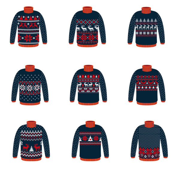 Vector ugly sweaters for Christmas party. Knitted jumpers with winter patterns esp - Vector, Image
