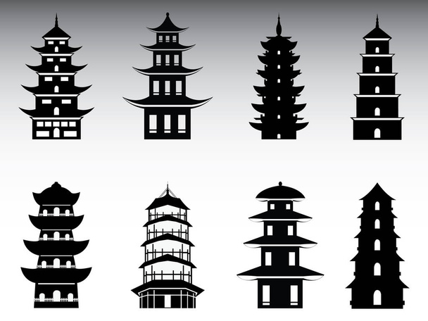 Μαύρη σιλουέτα παραδοσιακής ιαπωνικής αρχιτεκτονικής Temple Pagoda Set - Διάνυσμα, εικόνα