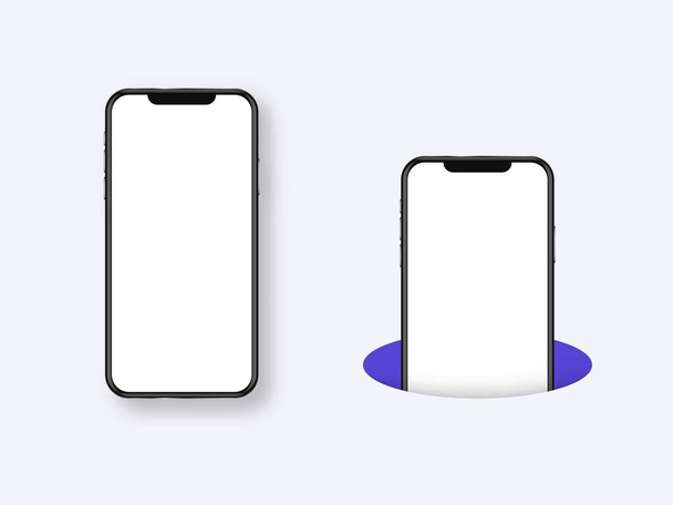 Smartphone intero e nel modello foro. Bandiera bianca vuota dello schermo del dispositivo moderno e metà immersa nel foro viola. - Vettoriali, immagini