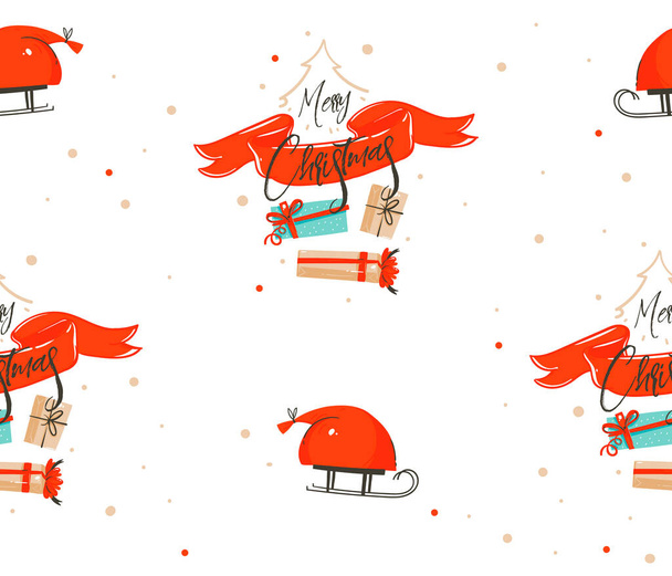 Dibujado a mano vector abstracto divertido stock plano Feliz Navidad, y Feliz Año Nuevo tiempo de dibujos animados patrón festivo sin costuras con ilustraciones lindas de cajas de regalo de Navidad y Santa aislado sobre fondo blanco - Vector, imagen