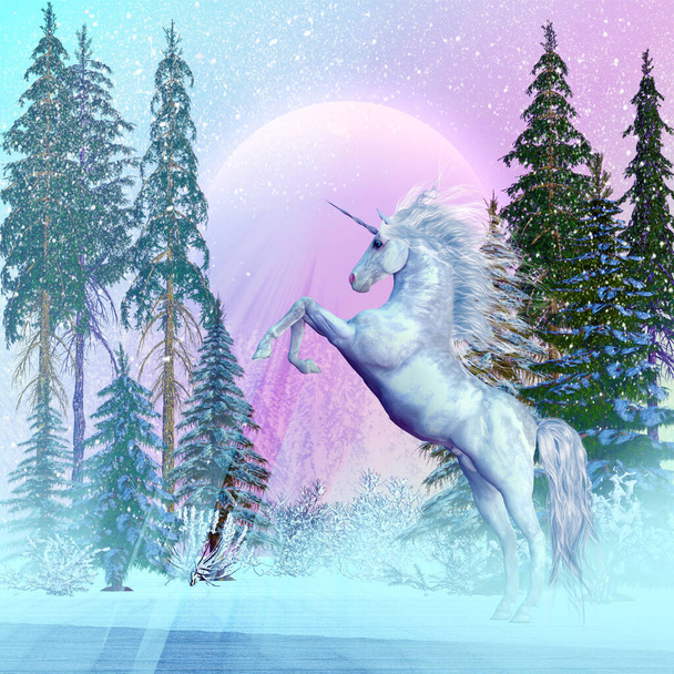 Un Unicornio es una criatura legendaria de la mitología que tiene un cuerno en espiral en su frente y pezuñas hendidas. - Foto, imagen