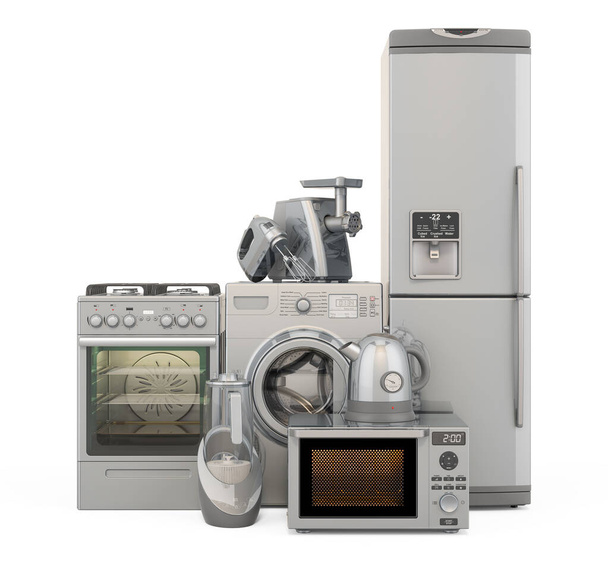Ασημένιες συσκευές κουζίνας. Πλυντήριο ρούχων, ψυγείο, γκάζι, φούρνο μικροκυμάτων, μηχανή άλεσης κρέατος, μίξερ, βραστήρα και μηχανή νερού πλούσια σε υδρογόνο. 3D απόδοση απομονωμένη σε λευκό φόντο - Φωτογραφία, εικόνα