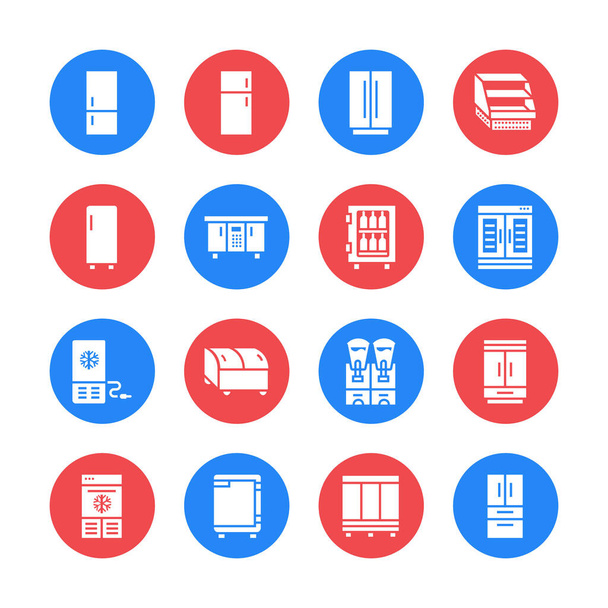 Refrigerators flat glyph icons. Fridge types, freezer, wine cooler, commercial major appliance, refrigerated display case. Silhouette signs for household equipment shop. Pixel perfect 64x64. - Vector, Image