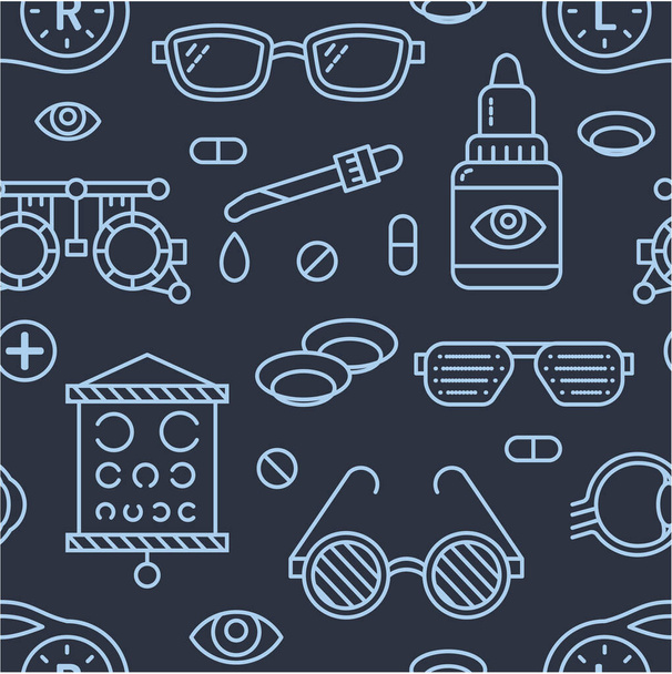 Ophthalmology, eyes health care seamless pattern, medical vector dark background. Optometry equipment, contact lenses, glasses line icons. Vision correction repeated illustration for oculist clinic. - Vector, Image