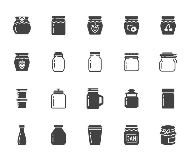 Bottle of jam flat glyph icons. Glass packaging for fruit confiture, raspberry strawberry jelly container vector illustrations. Signs for sweet food store. Solid silhouette pixel perfect 64x64. - Vector, Image