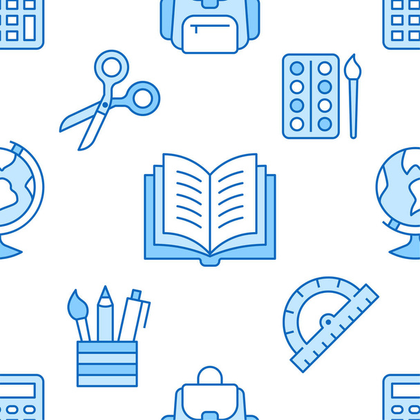 School supplies seamless pattern with line icons. Study tools background - globe, calculator, book, scissors, backpack vector illustration. Blue white wallpaper for stationery sale brochure. - Vector, Image