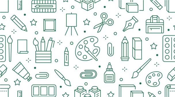 Stationery background, school tools seamless pattern. Art education wallpaper with line icons of pencil, pen, paintbrush, palette, notebook. Painter supplies vector illustration green white color. - Vetor, Imagem