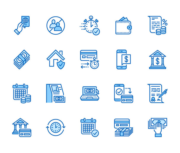 Finance, money loan flat line icons set. Quick credit approval, currency transaction, no commission, cash deposit atm vector illustrations. Thin signs for banking. Pixel perfect 64x64 Editable Strokes - Vector, Image
