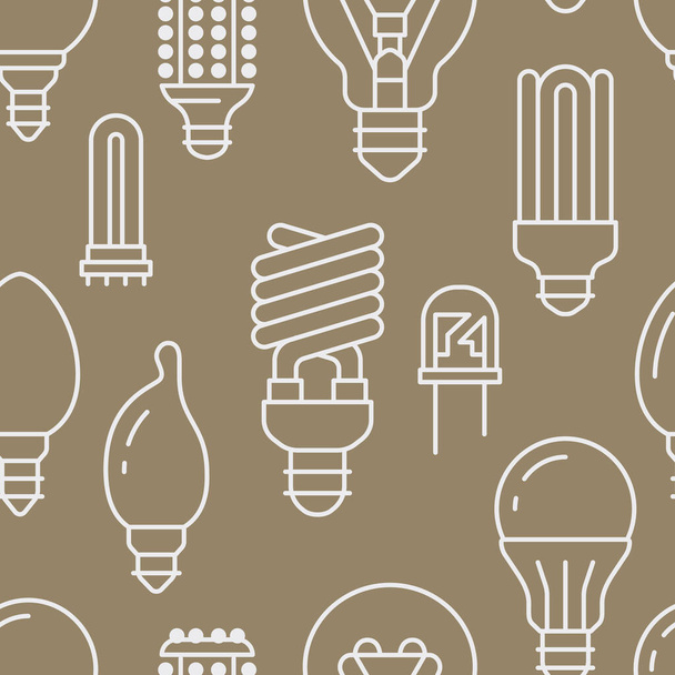 Light bulbs seamless pattern with flat line icons. Led lamps types, fluorescent, filament, halogen, diode and other illumination. Modern beige background with linear signs for electric store. - Vector, Image