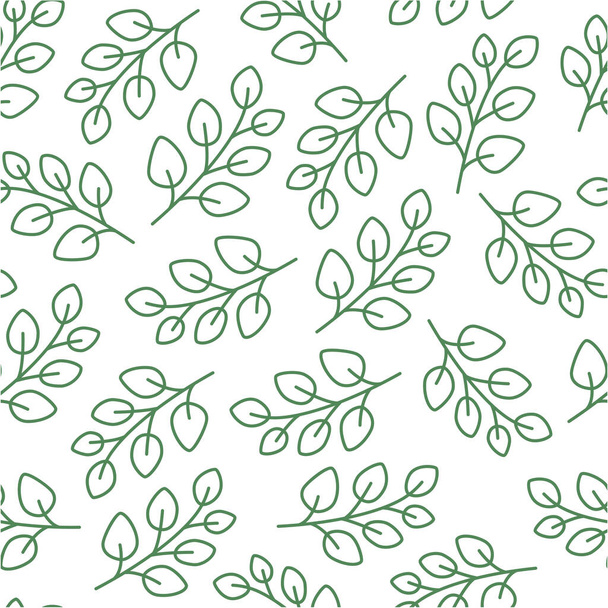 Eucalyptus tree branch seamless pattern with line icons. Medical plant green leaf, greenery elegant background, repeated floral wallpaper. - Vector, Image