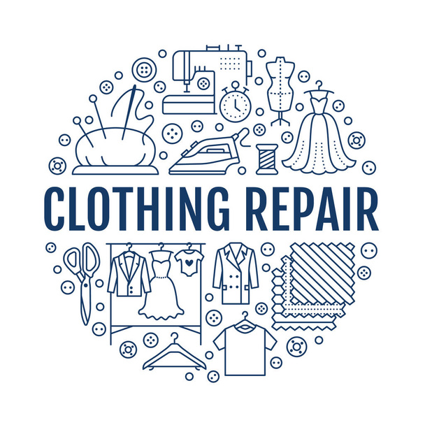 Clothing repair, alterations studio equipment banner illustration. Vector line icon of tailor store services - dressmaking, dress, garment sewing. Clothes atelier circle template with place for text. - Vector, Image