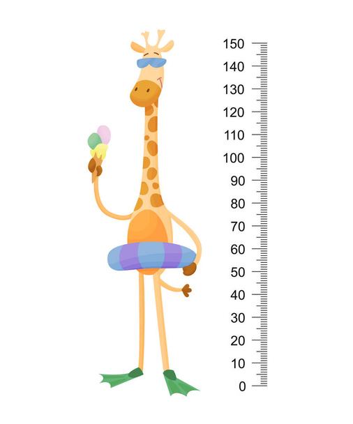 Забавный жираф. Веселый смешной жираф с длинной шеей. Стена жирафа или диаграмма высоты или наклейка на стену. Иллюстрация с шкалой от 2 до 150 см для измерения роста - Вектор,изображение