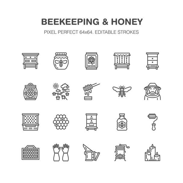 Mehiläishoito, mehiläishoito tasainen viiva kuvakkeet. Mehiläishoitajien laitteet, hunajan jalostus, mehiläinen, mehiläispesät tyypit, luonnontuotteet. Mehiläistarha, mehiläistarhan ohuet lineaariset merkit, luomukauppa. Pikseli täydellinen 64x64 - Vektori, kuva