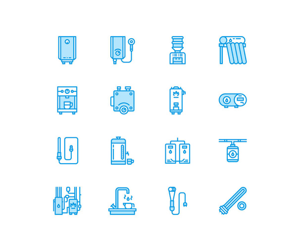 Water boiler, thermostat, electric gas solar heaters and other house heating appliances line icons. Thin linear pictogram. Equipment store signs. Pixel perfect 64x64. - Vector, Image