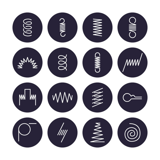 Metal spring flat line icons. Variety of flexible coil, elastic steel wire types. Thin signs in circle background, flexibility property. Editable Strokes. - Vector, Image