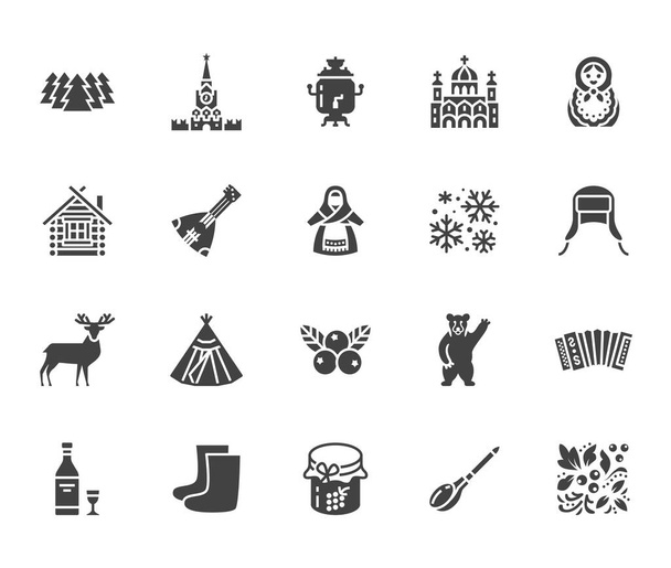 Rosyjskie ikony glifów płaskich ustawione. Rosyjska lalka, ornament, Moskwa Kreml, samowar, jeleń, niedźwiedź, akordeon, wódka ilustracje wektorowe. Znaki dla biura podróży. Solidna sylwetka piksela idealna 64x64 - Wektor, obraz