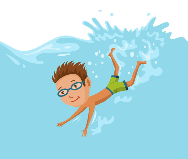 Children swimming in pool. Cheerful and active little boy swimming in pool. Boy in swimwear are swimming in a children pool. Underwater view - Vector, Image