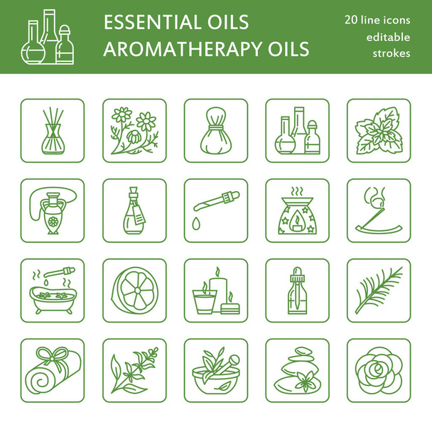 Modern vector line icons of aromatherapy and essential oils. Elements - aromatherapy diffuser, oil burner, spa candles, incense sticks. Linear pictogram with editable strokes for aromatherapy salon. - Vector, Image
