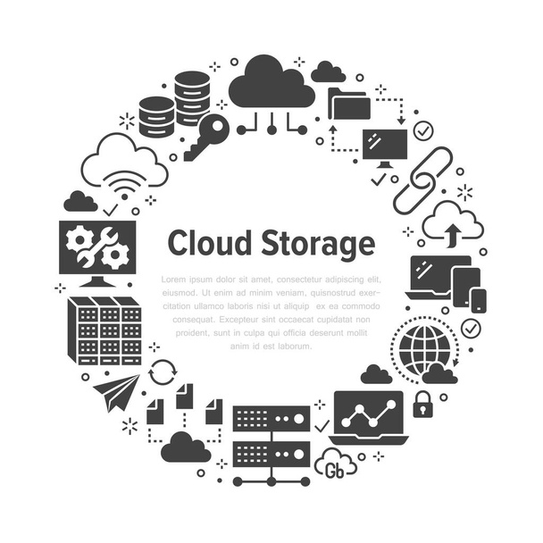 Cloud poster cercle de stockage de données avec des icônes glyphe plat. Arrière-plan de la base de données, informations, centre serveur, réseau mondial, sauvegarde, illustration de silhouette vectorielle de sécurité - Vecteur, image