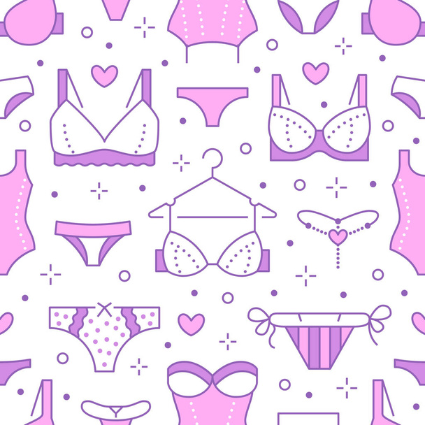 ブラタイプ、パンティーのフラットラインアイコンとランジェリーシームレスパターン。女性の下着の背景、ブラジャー、ビキニ、水着のベクトルイラスト。かわいいピンクの白い壁紙のための服店. - ベクター画像