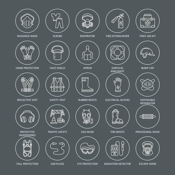 Personal protective equipment line icons. Gas mask, ring buoy, respirator, bump cap, ear plugs and safety work garment. Health protection thin linear signs. - Vector, Image
