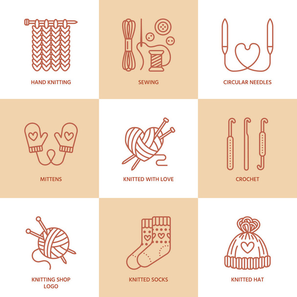 Knitting, crochet, hand made line icons set. Knitting needle, hook, scarf, socks, pattern, wool skeins and other DIY equipment. Linear signs set, logos with editable stroke for yarn or tailor store. - Vector, Image