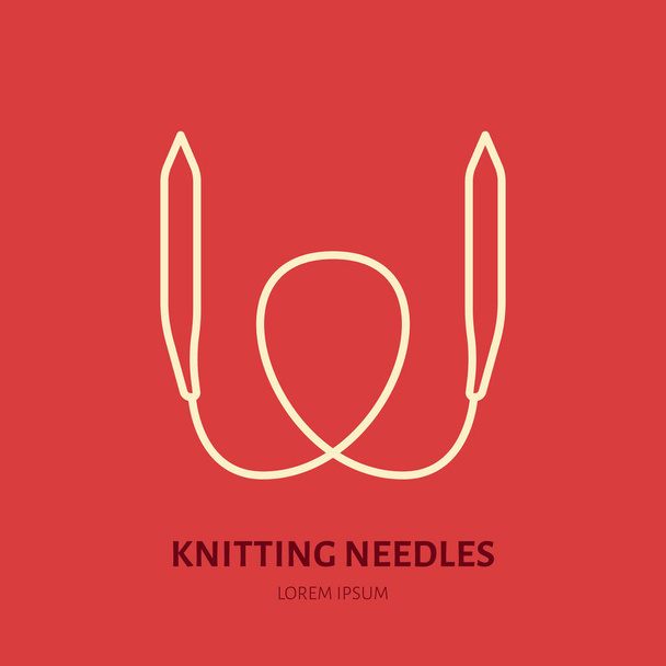Λογότυπο της Knit shop line. Νήματα κατάστημα επίπεδη πινακίδα, απεικόνιση των κυκλικών βελόνες πλεξίματος. - Διάνυσμα, εικόνα