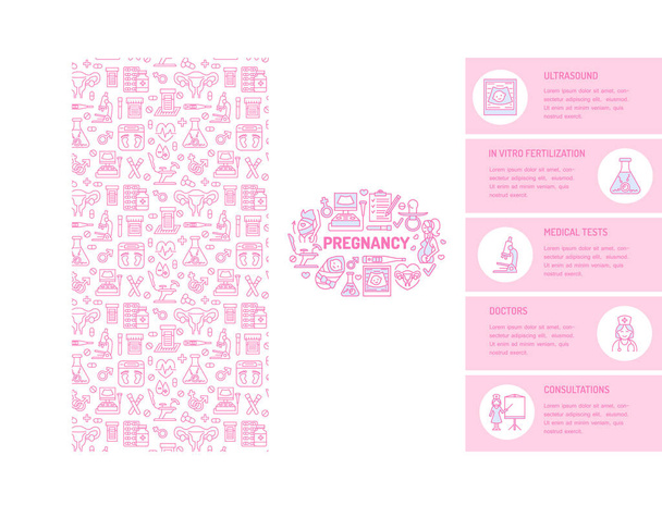 Πρότυπο ιατρικού φυλλαδίου, γυναικολογικό φυλλάδιο. Διάνυσμα τριπλό ροζ φόντο. Μαιευτική, στοιχεία εγκυμοσύνης λεπτή γραμμή εικόνες - γιατρός, έρευνα, in vitro γονιμοποίηση. Χαριτωμένη εικόνα για αφίσα. - Διάνυσμα, εικόνα