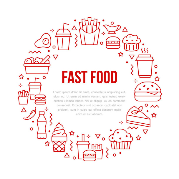 Fast food circle illustration with flat line icons. Thin vector signs for restaurant menu poster - burger, french fries, soda, salad, cheesecake, coffee, ice cream, muffin. Junk food concept. - Vector, Image