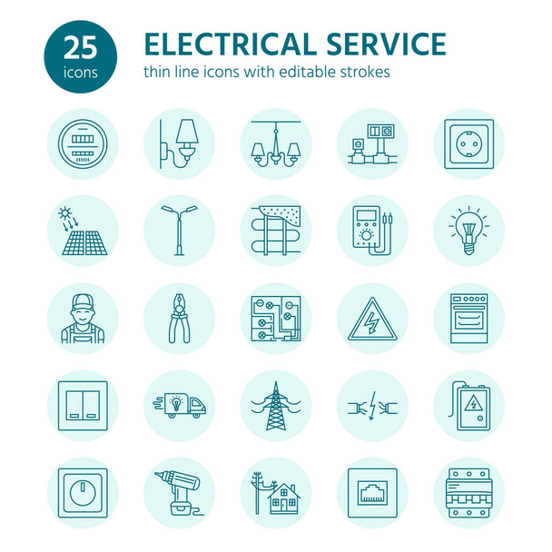 Electricity engineering vector flat line icons. Electrical equipment, power socket, torn wire, energy meter, lamp, wiring design, multimeter. Electrician services signs, house repair illustration. - Vector, Image