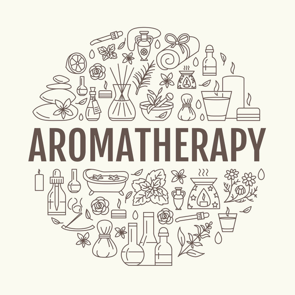 Aromatherapy and essential oils circle template. Vector line illustration of aromatherapy diffuser, oil burner, spa candles, incense sticks, herbal bag massage. Essential oils poster - Vector, Image