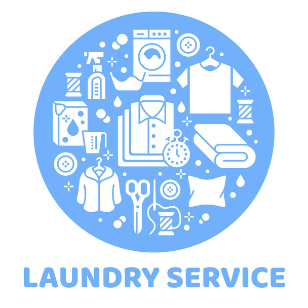 Πλυντήριο ρούχων υπηρεσία πανό εικονογράφηση με επίπεδες εικόνες glyph. Εξοπλισμός στεγνού καθαρισμού, πλυντήριο ρούχων, παπουτσιών ένδυσης επισκευή δέρματος, ένδυμα, πουκάμισα. Κύκλος πινακίδες πρότυπο launderette αφίσα. - Διάνυσμα, εικόνα