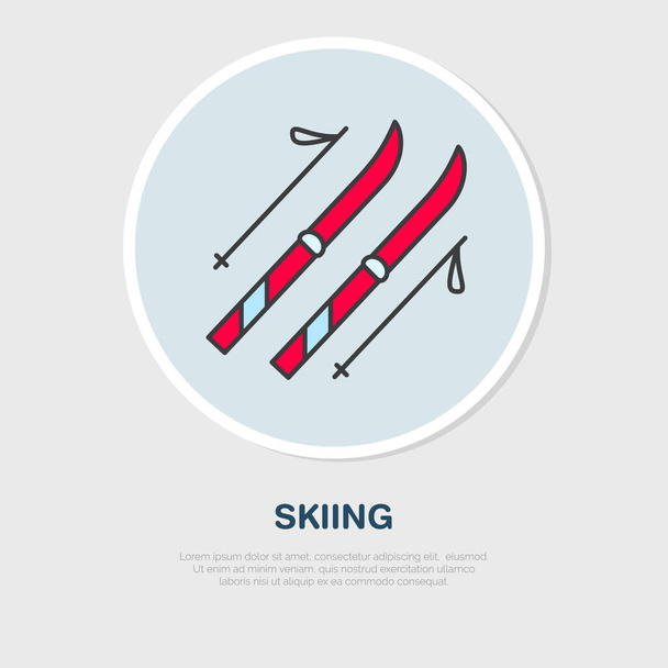 Векторная тонкая линия икона лыж и палок. Аренда зимнего оборудования для отдыха логотип. Контур символа лыжного спорта. Знак активности холодного сезона. - Вектор,изображение