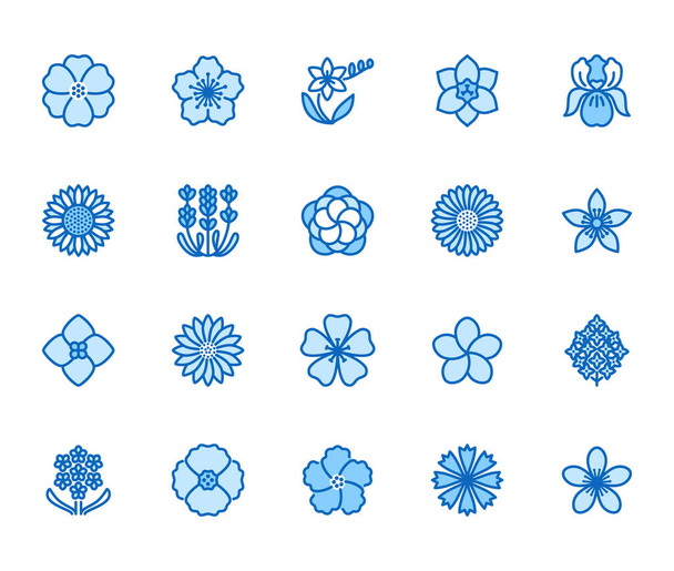 Flowers flat line icons. Beautiful garden plants - sunflower, poppy, cherry flower, lavender, gerbera, plumeria, hydrangea blossom. Thin signs for floral store. Pixel perfect 64x64. Editable Strokes - Vector, Image