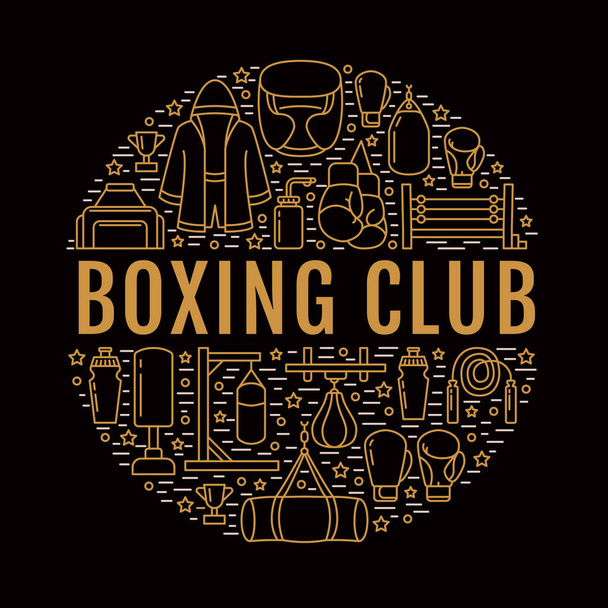 Boxing poster template. Vector sport training line icons, circle illustration of equipment - punchbag, boxer gloves, ring, heavy bags. Box club banner with place for text, dark background. - Vector, Image