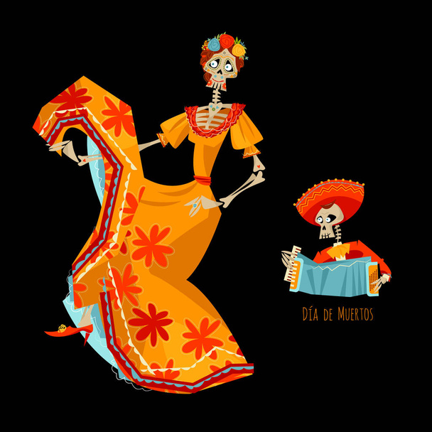 La Calavera Catrina. Dancing skeleton. Dia de Muertos. Vector illustration - Vetor, Imagem
