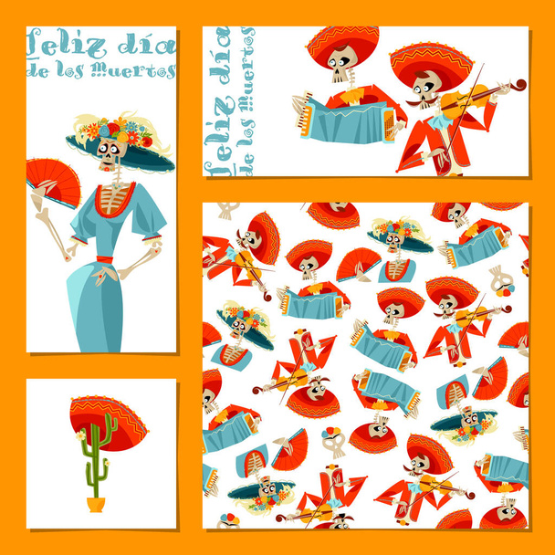 Set of 4 universal cards for Dia de Muertos. La Calavera Catrina. Vector illustration - Vektor, obrázek