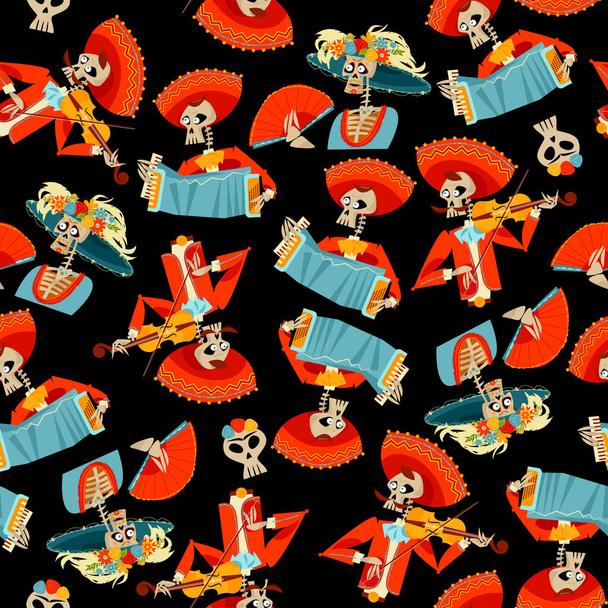 Dia de Muertos. Mariachi band of skeletons and La Calavera Catrina. Mexican tradition. Vector illustration - Vettoriali, immagini