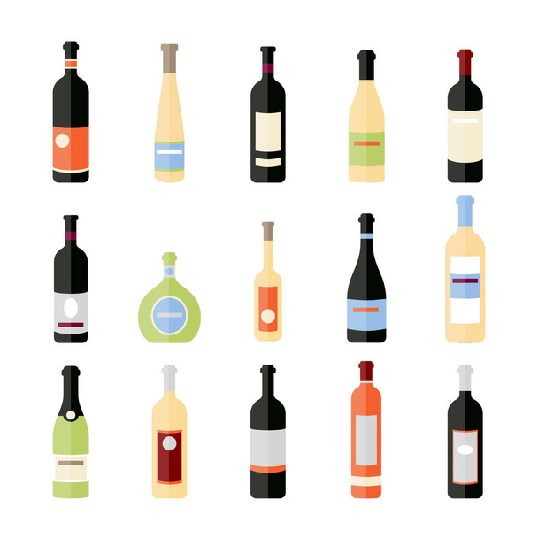 Zestaw różnego rodzaju butelek wina w płaskim. Elementy projektowe banerów, targów, reklam alkoholowych, barów i winnic. - Wektor, obraz